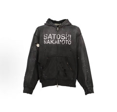 Satoshi Nakamoto Distressed Zip‑Up Hoodie