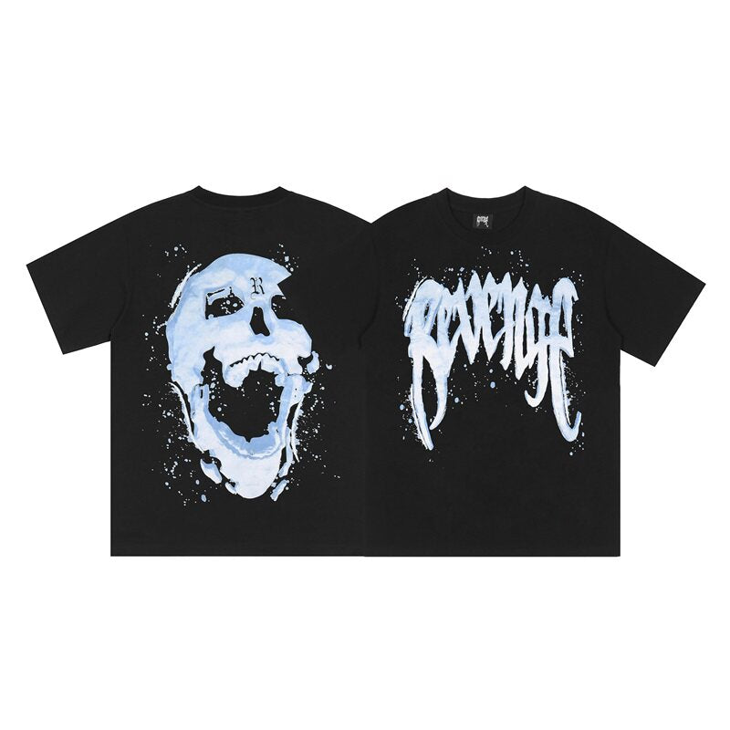 Revenge Blue Splash Skull Graphic T‑Shirt