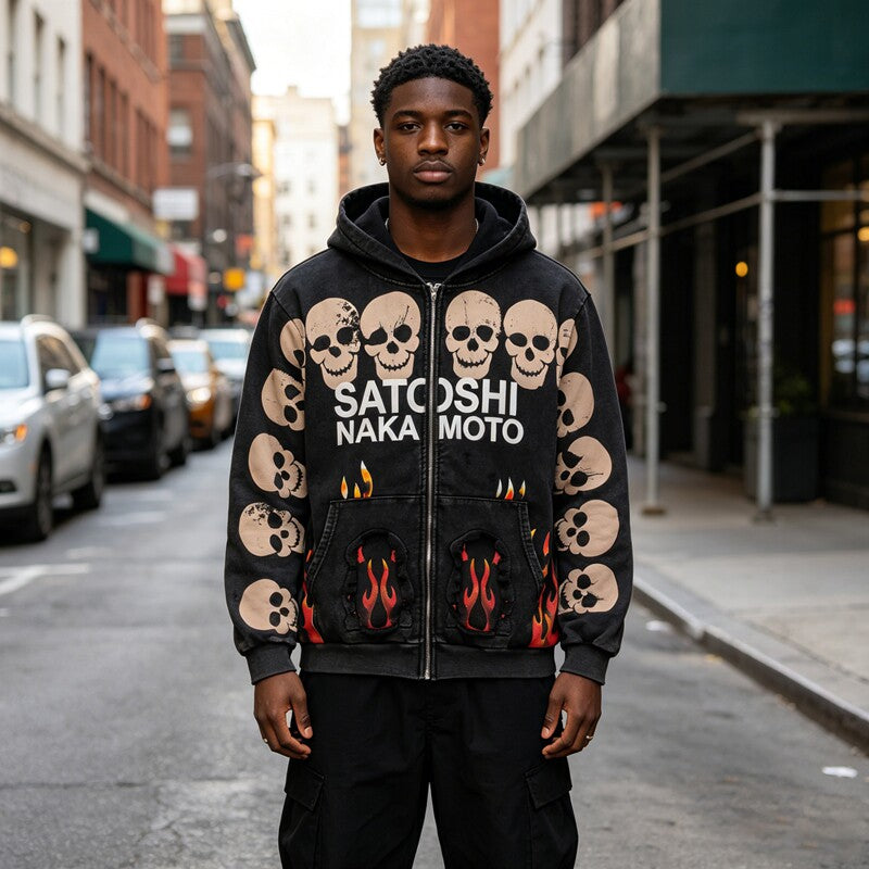 Satoshi Nakamoto Rock‑Style Full‑Zip Hoodie