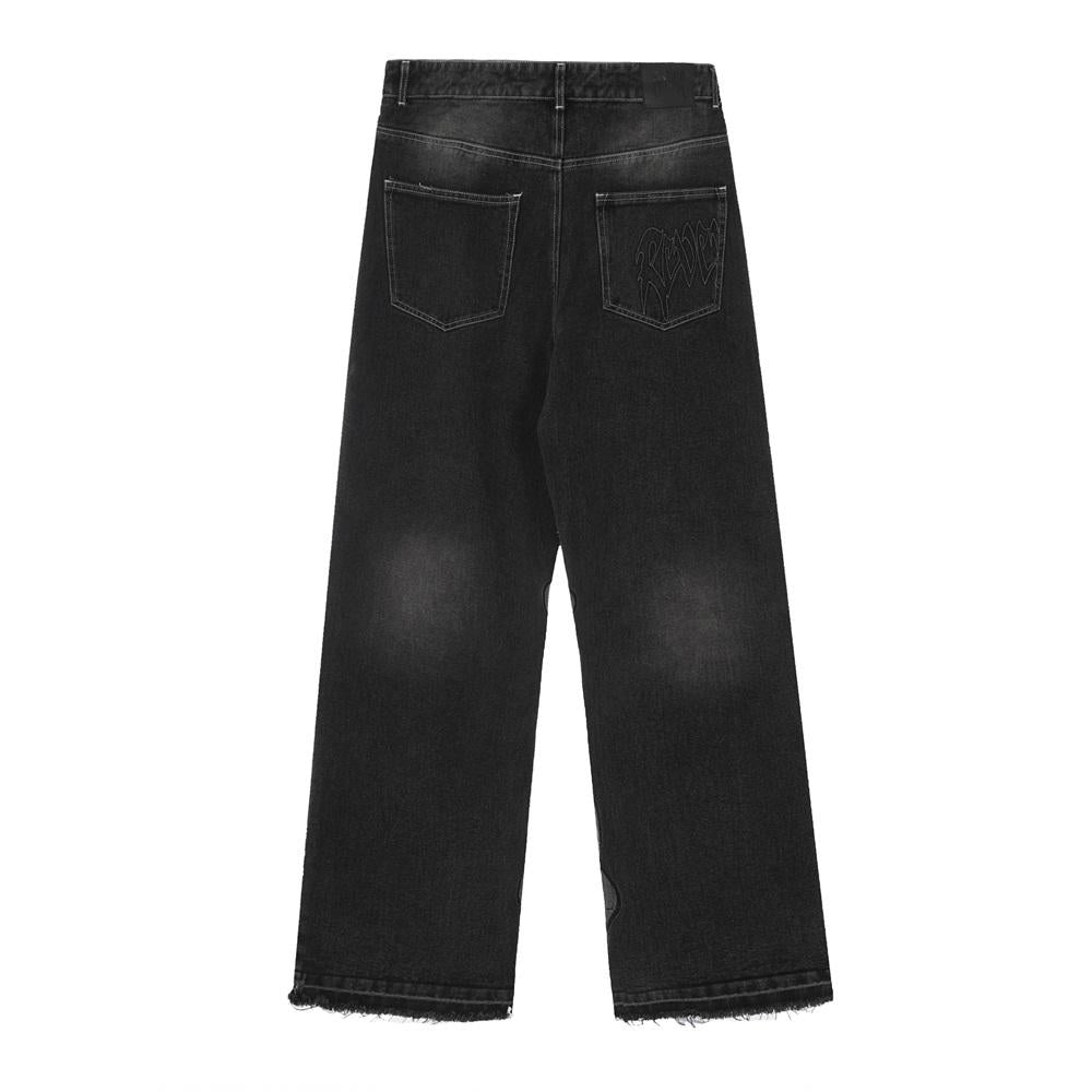 Revenge Skull Embroidery Wide‑Leg Jeans