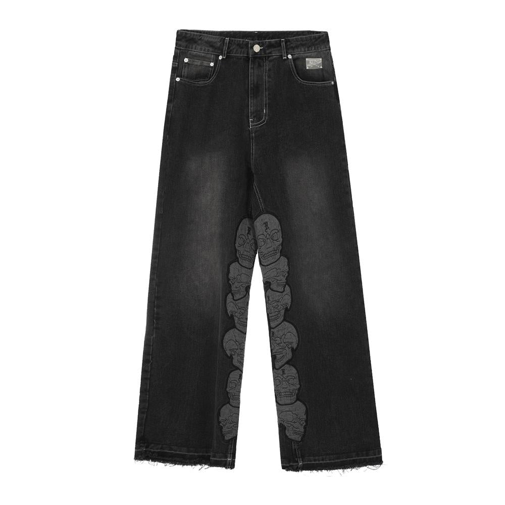 Revenge Skull Embroidery Wide‑Leg Jeans