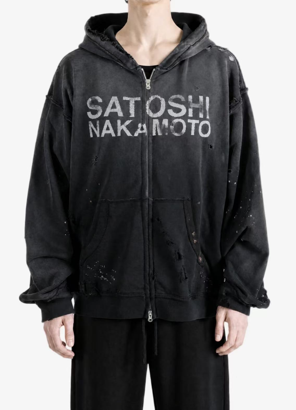 Satoshi Nakamoto Distressed Zip‑Up Hoodie