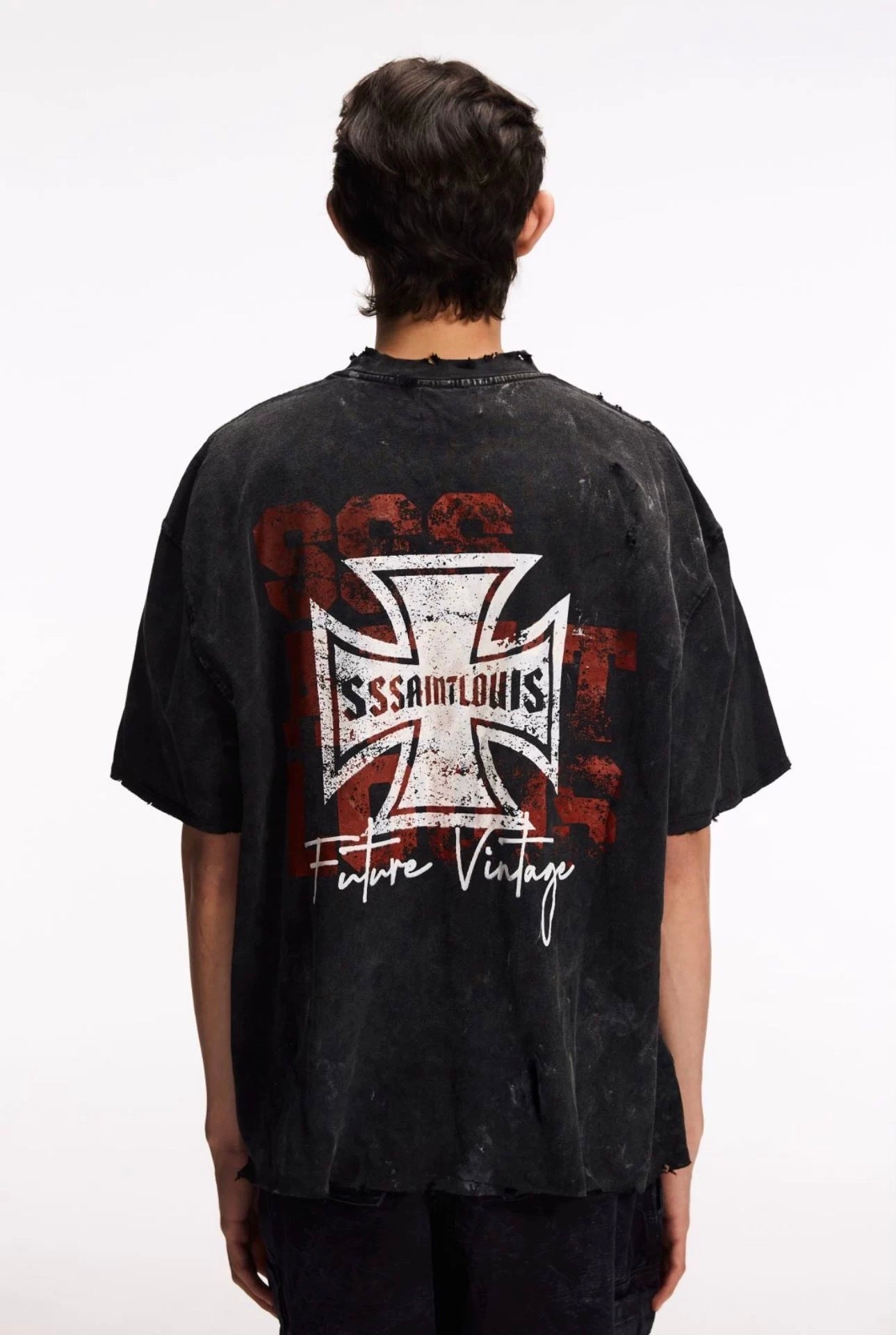 SSSAINT LOUIS Back‑Print Distressed T‑Shirt