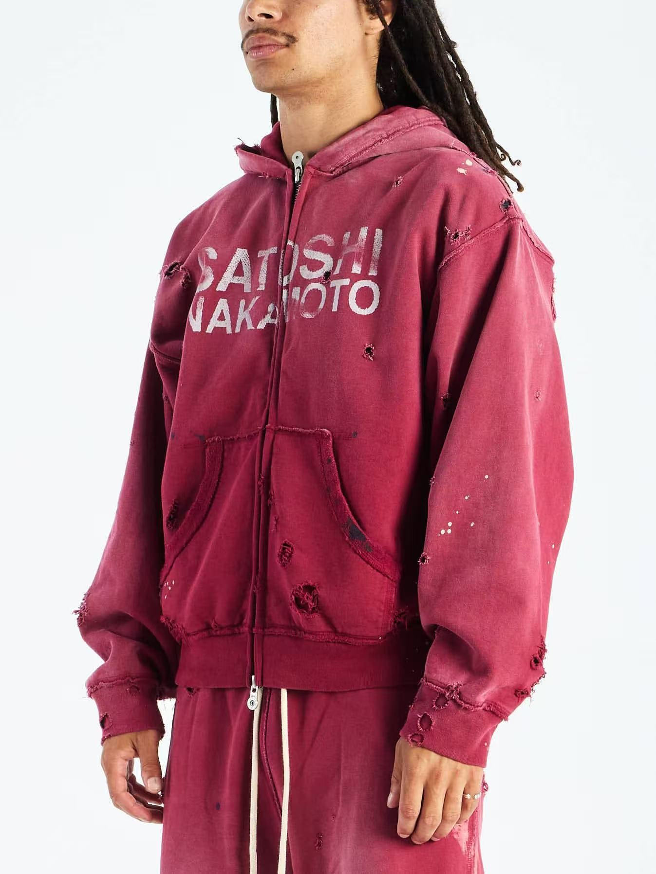 Satoshi Nakamoto Distressed Zip‑Up Hoodie