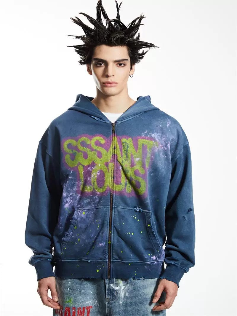 SSSAINT LOUIS Paint‑Splatter Zip‑Up Hoodie