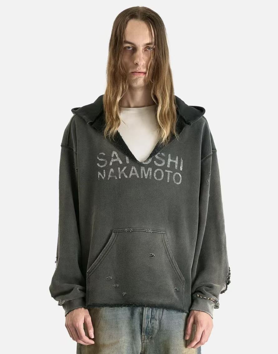 Satoshi Nakamoto V‑Neck Distressed Hoodie