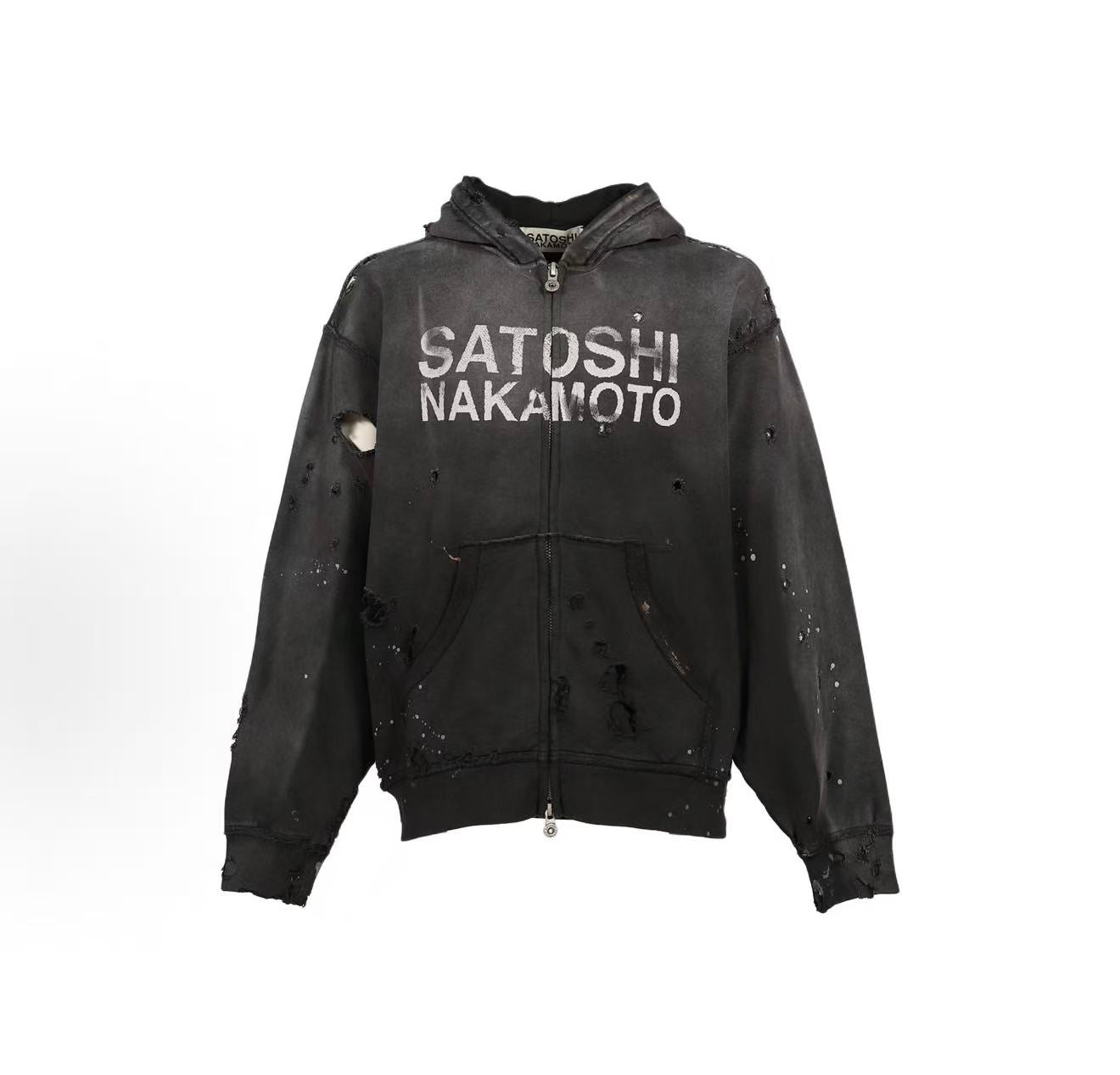 Satoshi Nakamoto Distressed Zip‑Up Hoodie