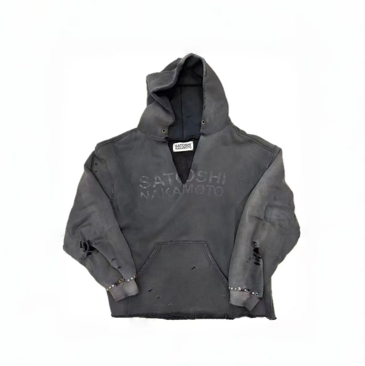 Satoshi Nakamoto V‑Neck Distressed Hoodie