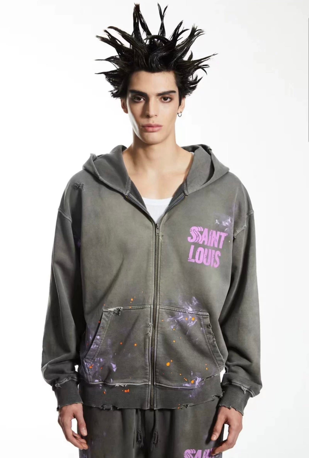 SSSAINT LOUIS Paint‑Splatter Zip‑Up Hoodie
