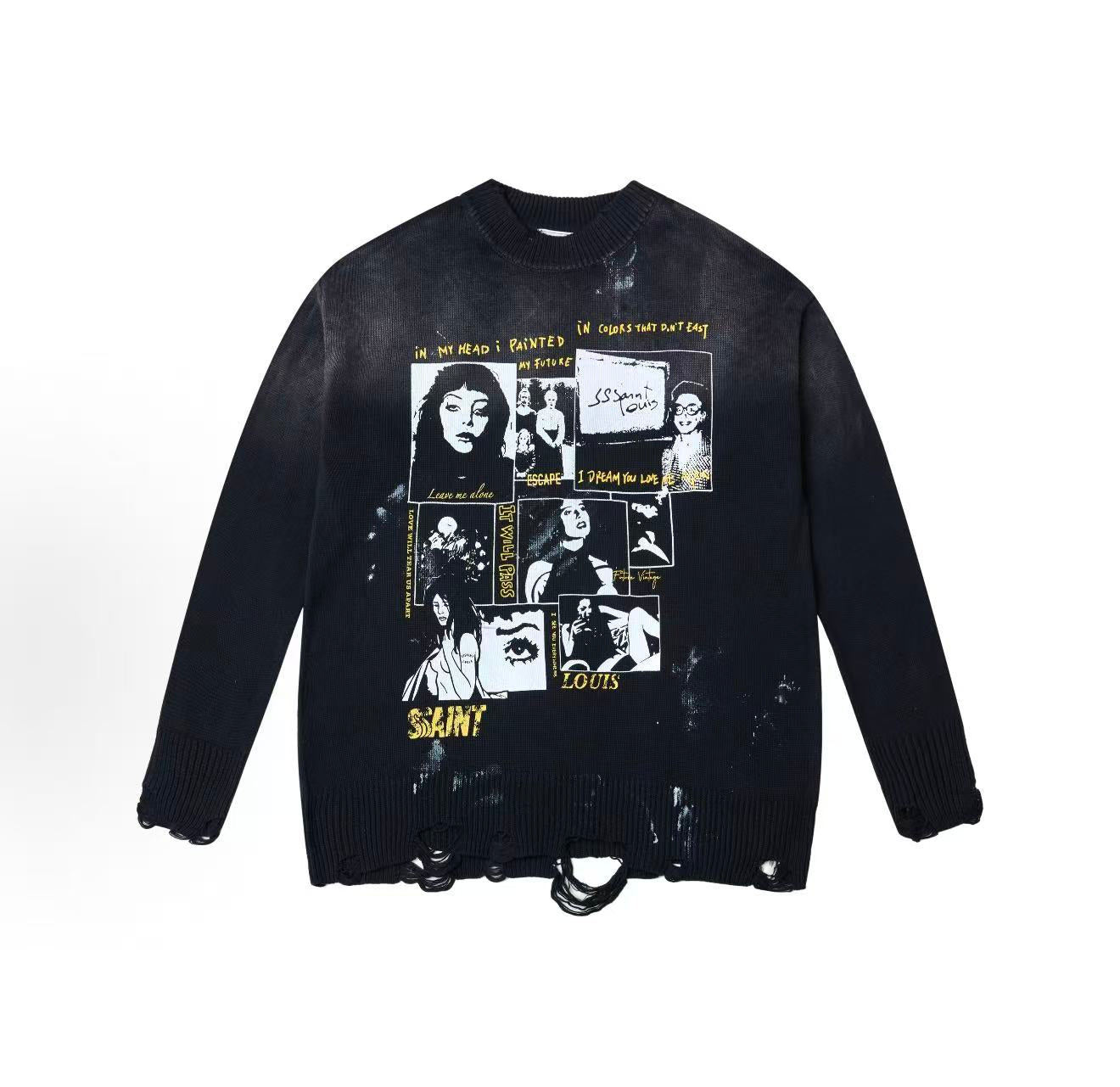 SSSAINT LOUIS Distressed Comic Print Sweater