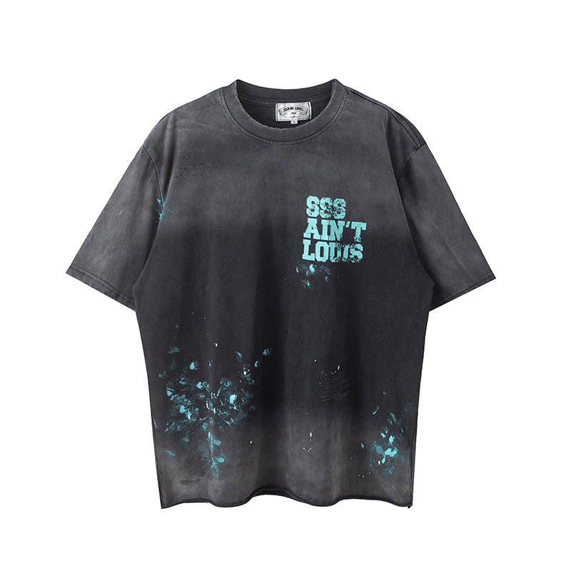 SSSAINT LOUIS Cyan Logo Distressed T‑Shirt