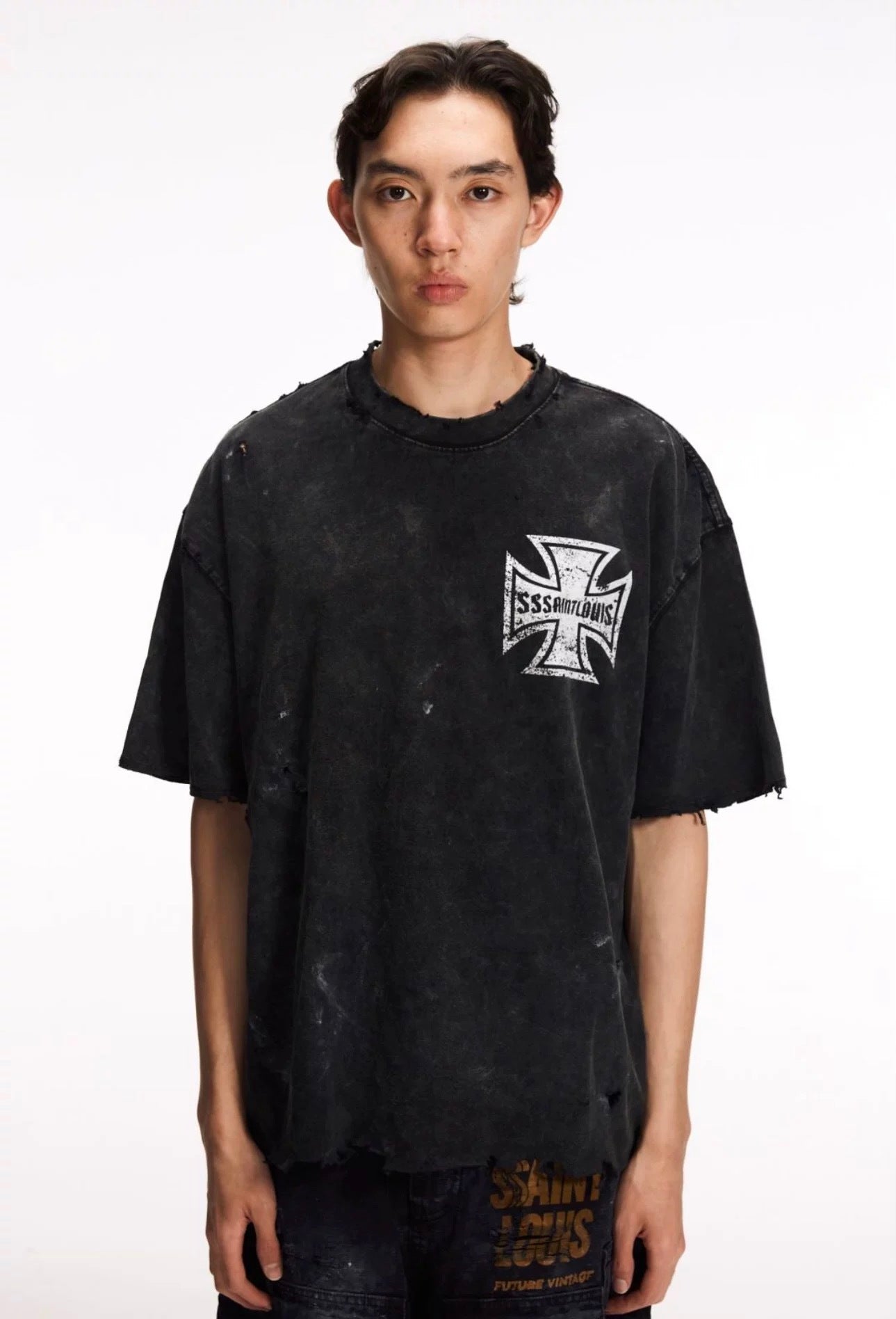 SSSAINT LOUIS Back‑Print Distressed T‑Shirt