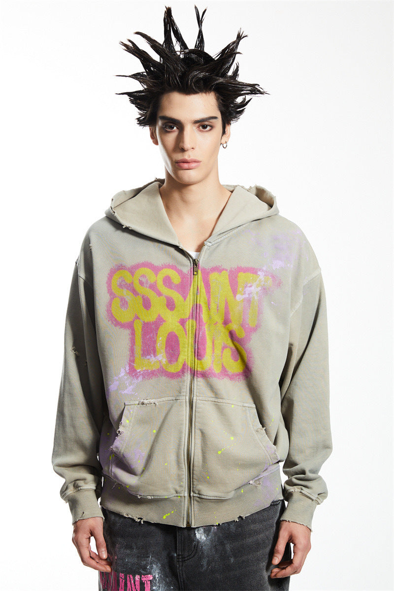 SSSAINT LOUIS Spray Logo Zip‑Up Hoodie