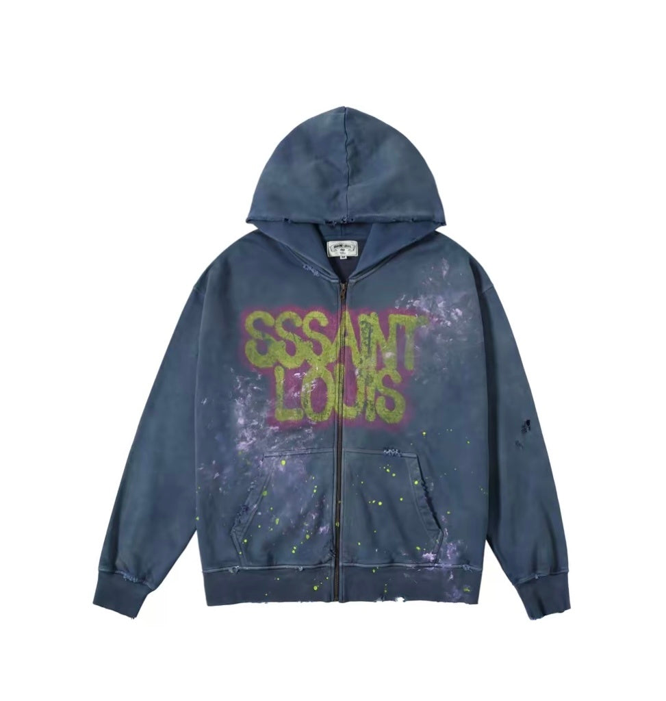 SSSAINT LOUIS Paint‑Splatter Zip‑Up Hoodie