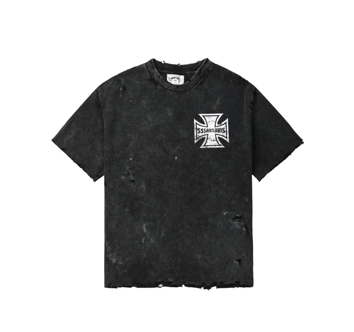 SSSAINT LOUIS Back‑Print Distressed T‑Shirt